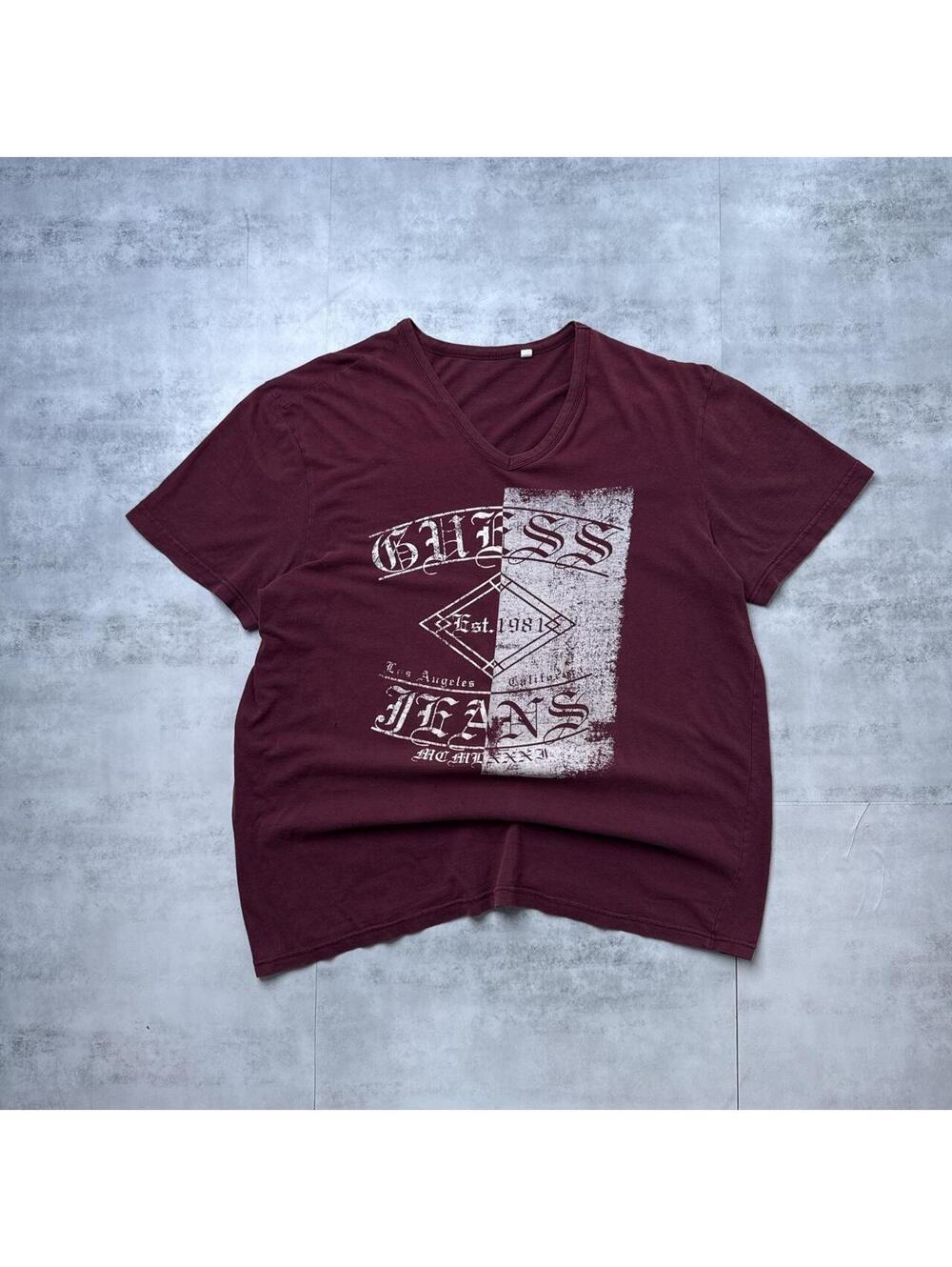 Y2K Guess Burgundy Grunge Distressed T shirt - Picture 1 of 8